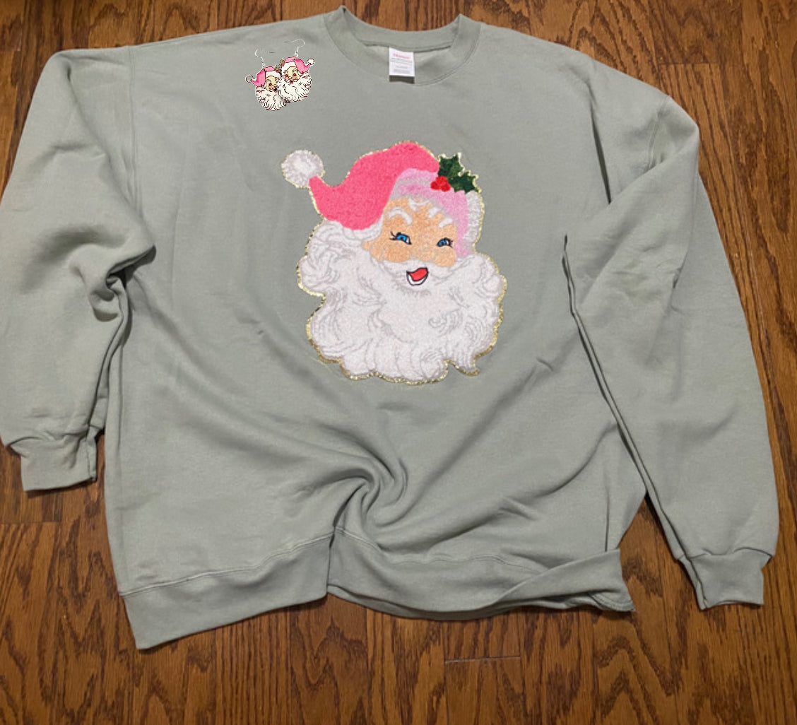 Pink Santa Chenille Patch sweatshirt with matching earrings