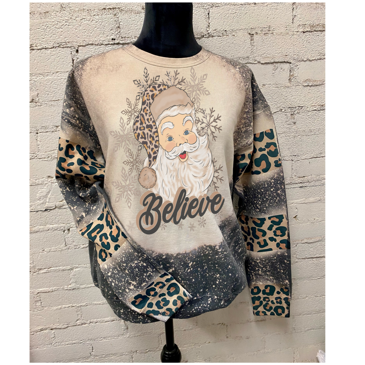 Believe Santa leopard Bleach Sweatshirt