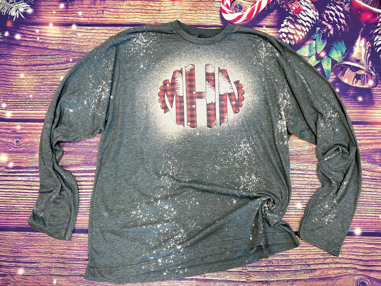 Christmas Tree Plaid Monogram Bleach Long sleeve