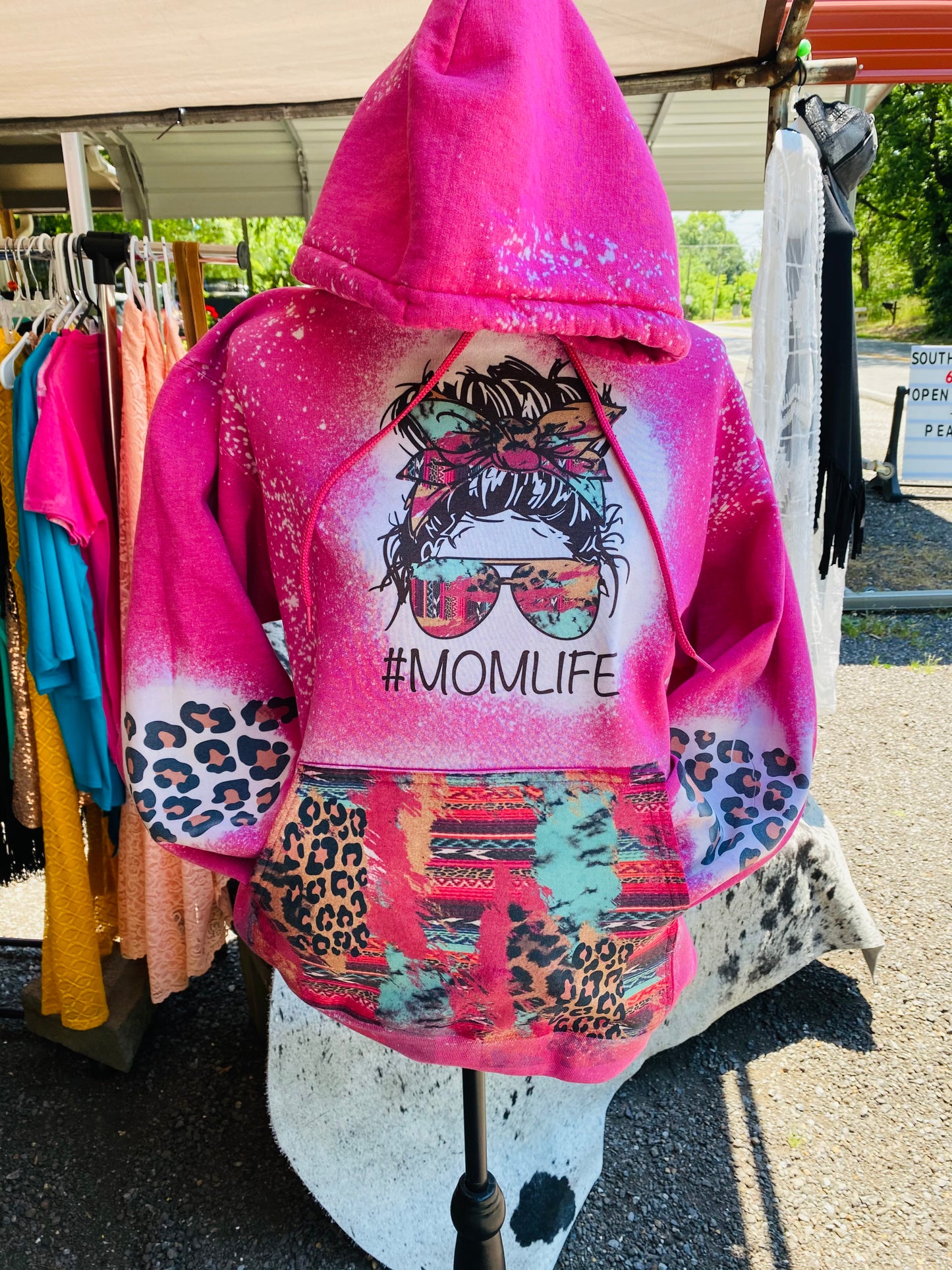 Serape leopard Pink MomLife Bleach Hoodie
