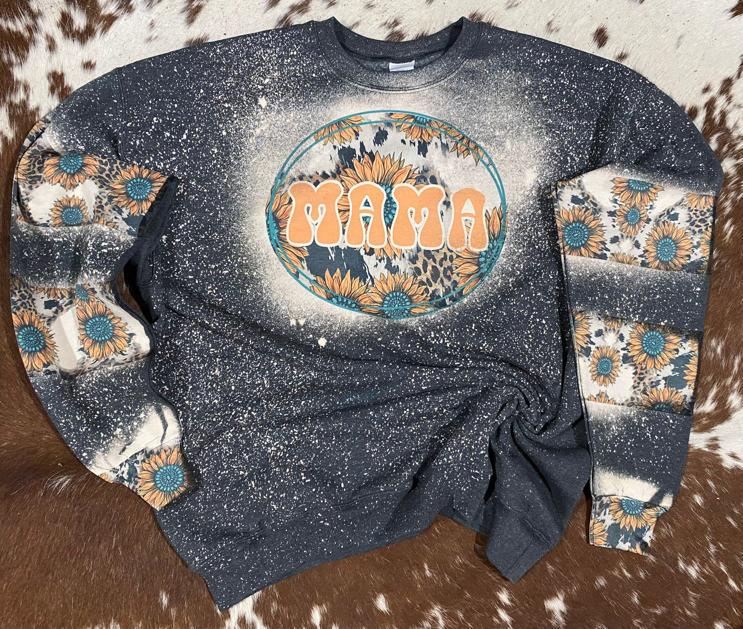 Retro Mama Cowhide leopard Sunflower Bleach Sweatshirt