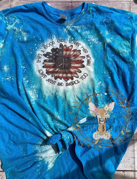 Sunflower, American Flag, Loves her mama, bleached tee, bleached shirt, American flag sunflower shirt