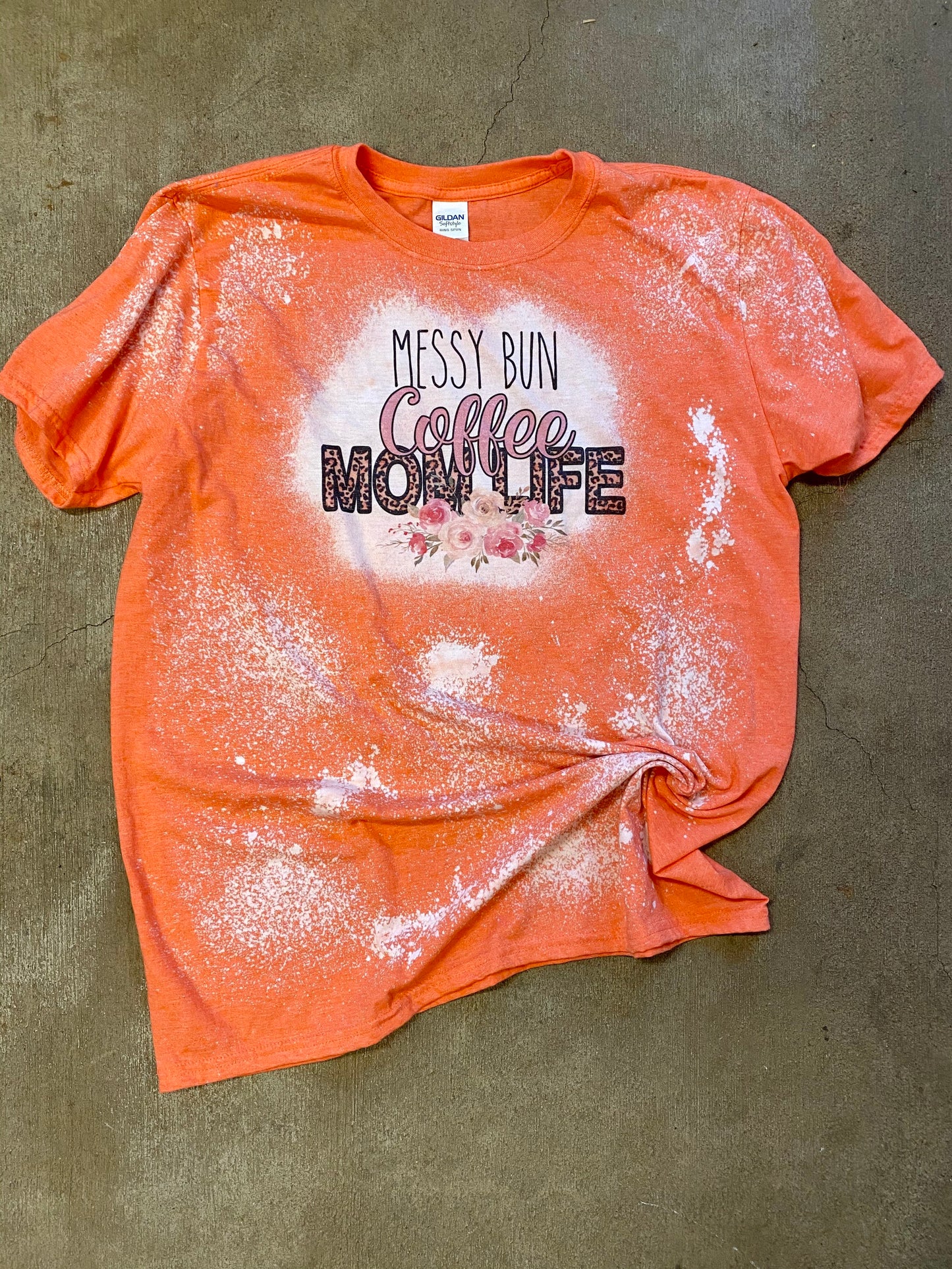 Messy bun, coffee, mom life, bleached tee, spring shirt, mom shirt, mom life,