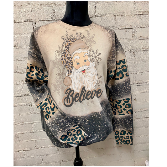 Believe Santa leopard Bleach Sweatshirt