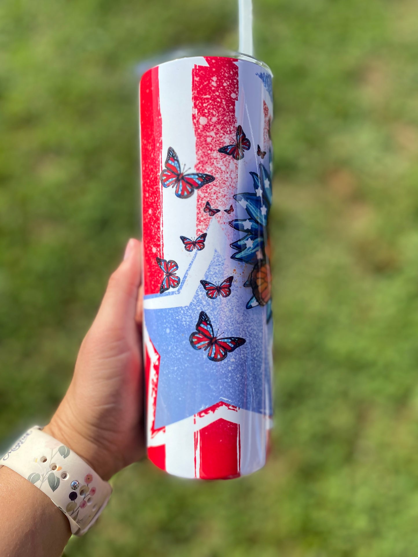 Sunflower Butterfly Patriotic Tumbler