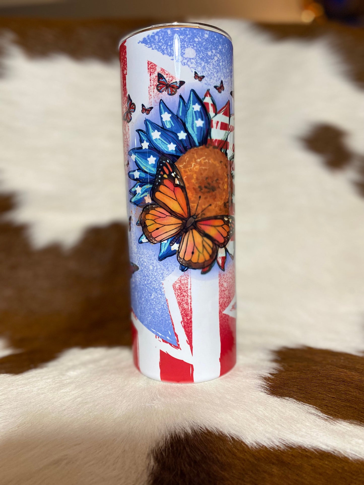 Sunflower Butterfly patriotic Tumbler