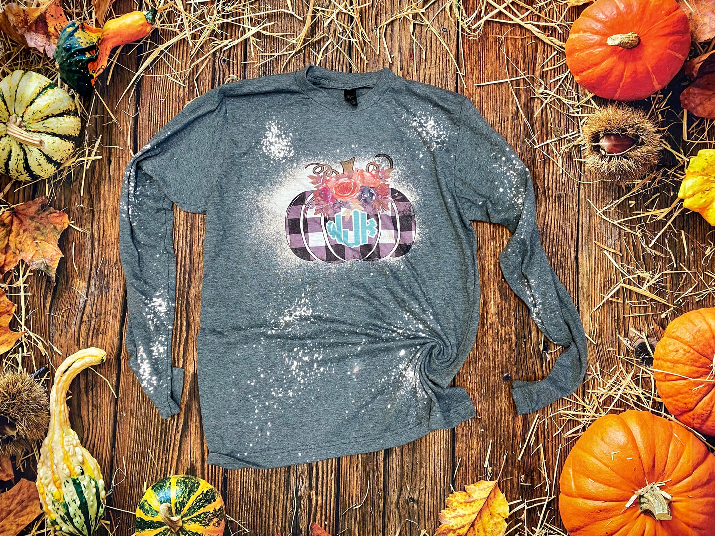 Plaid Pumpkin Monogram Long Sleeve Bleach Tee