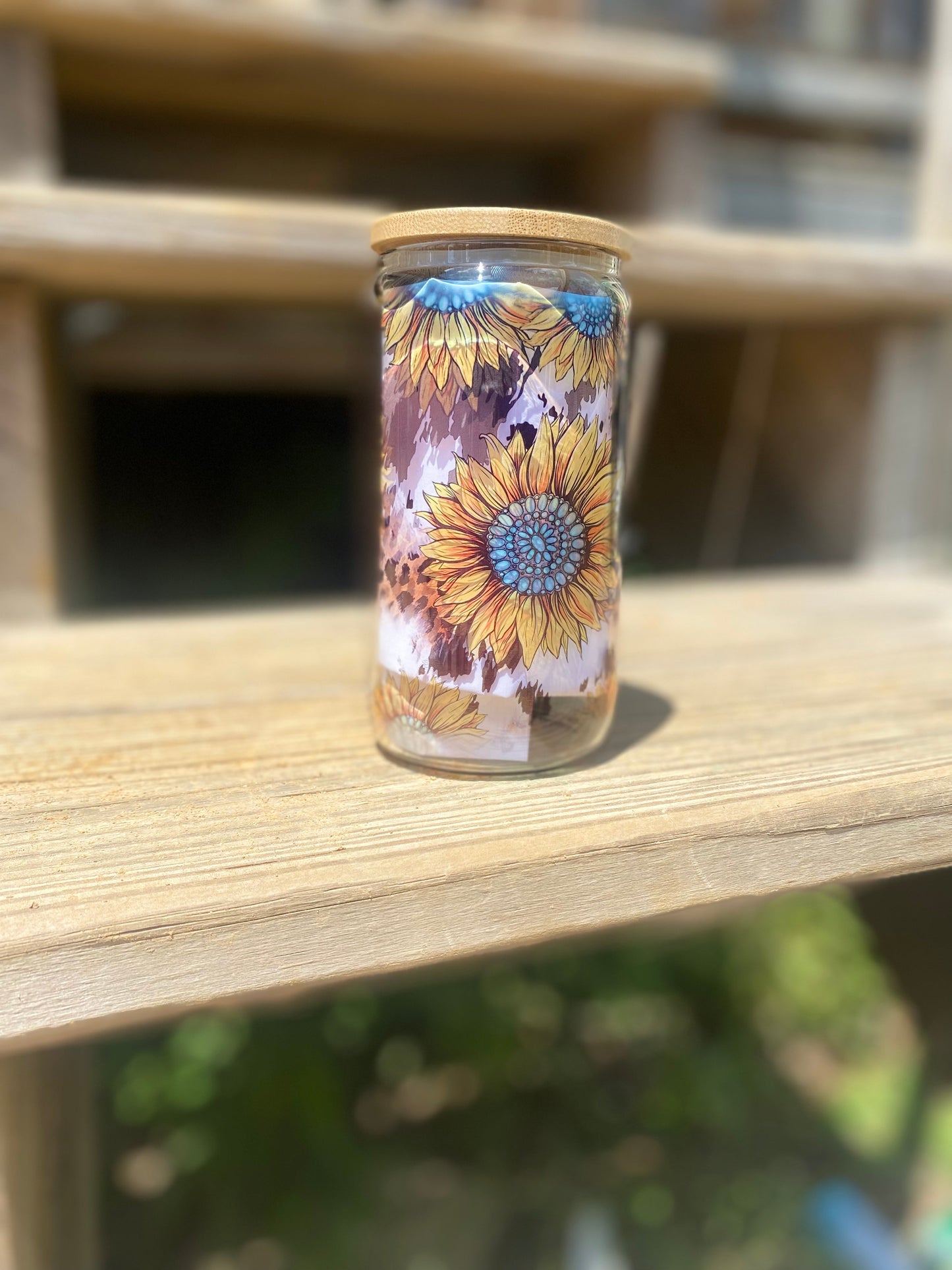 Cowprint Sunflowers Glass Tumbler