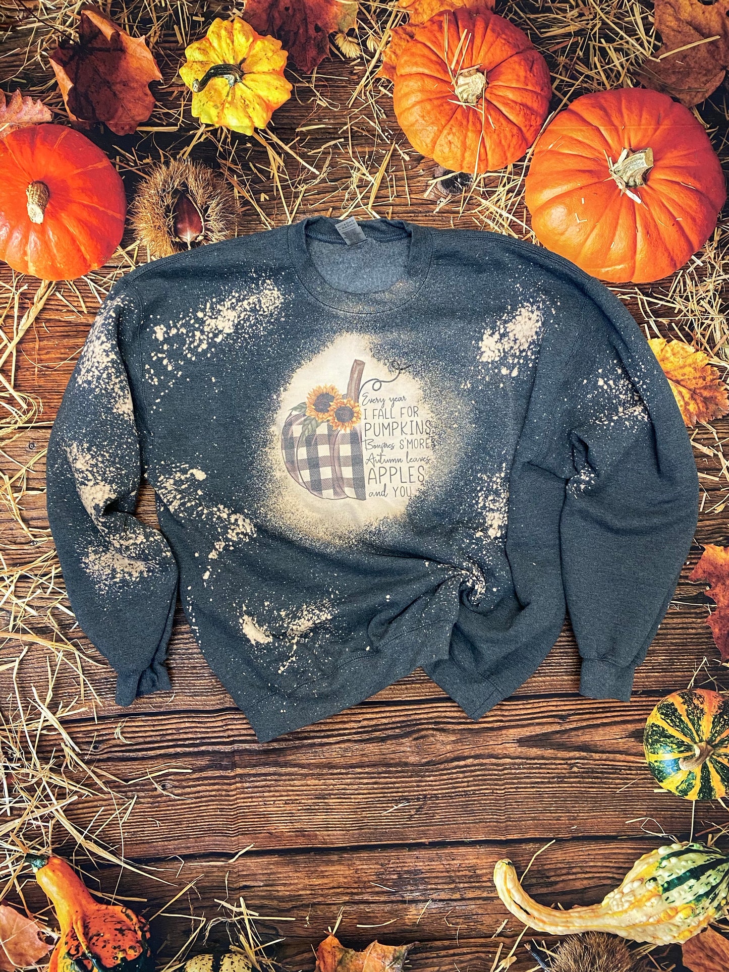 Plaid pumpkins Bleach Sweatshirt | Every Year I fall for pumpkins