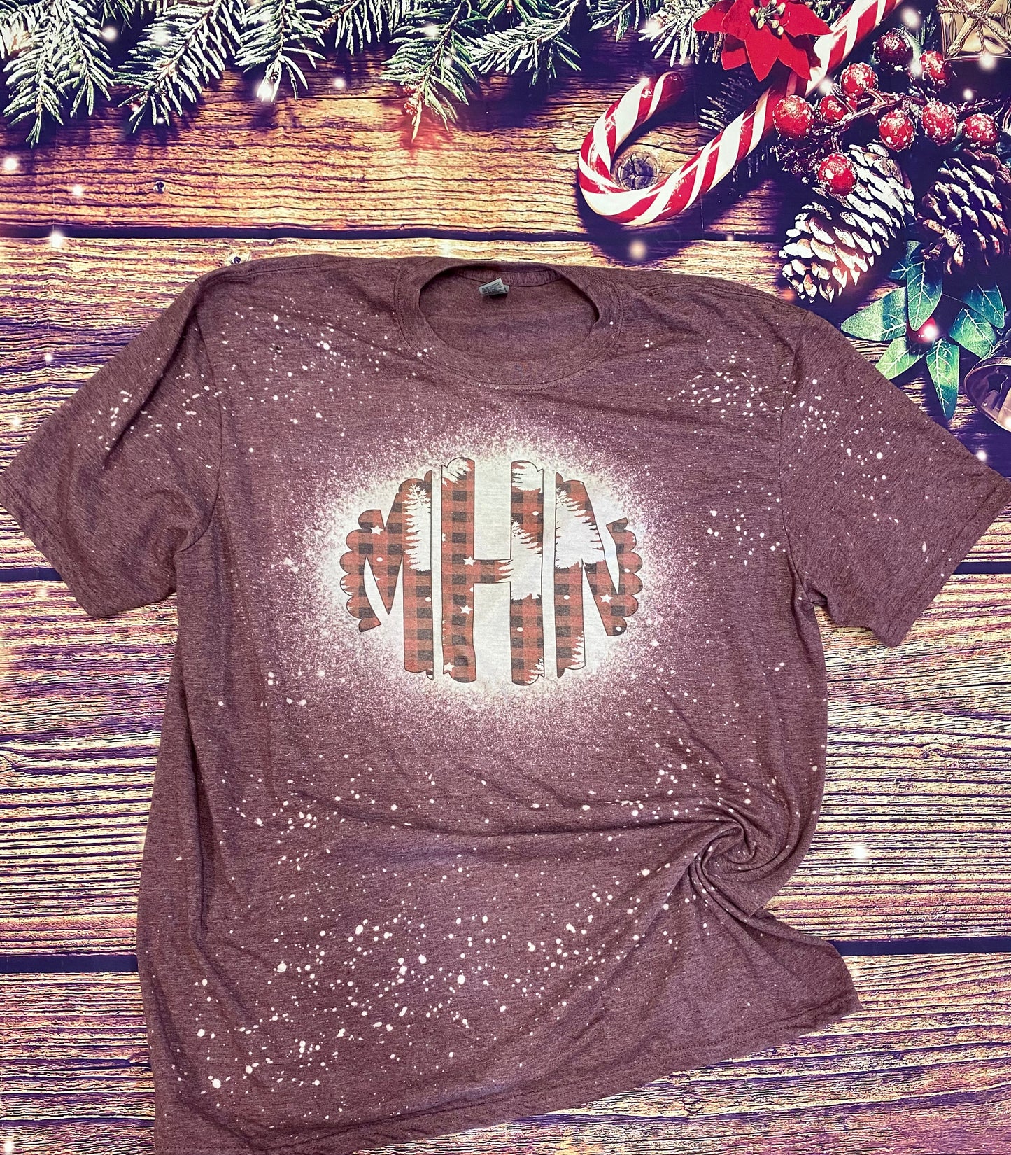 Christmas tree plaid monogram Bleach Tee