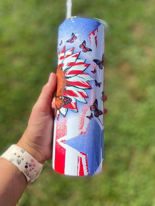 Sunflower Butterfly Patriotic Tumbler