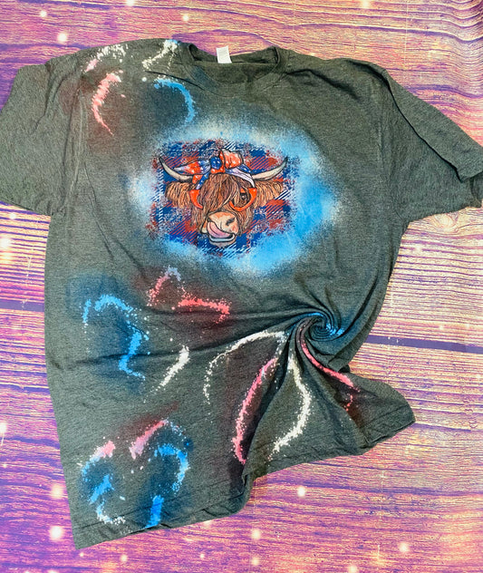 Patriotic Highland Cow reverse tie dye Tee