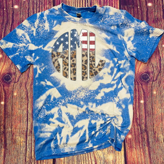 Leopard Red White Blue Monogram Bleach Tee